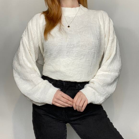 Vintage 80s Spunky Oversized 0X Ivory Floral Embroidered Mockneck Sweater - Picture 5 of 10